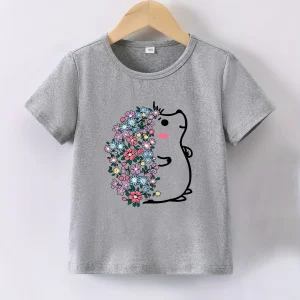 Summer Baby Girl Pink Clothes Kid Girls Casual Cartoon Flower Hedgehog Printed T-shirts Children Crew Neck Short Sleeve Top