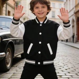 Spring Kids Baseball Jacket 1-10 Years Old Classic Black and White Color Block Varsity Jacket Casual Coat for Boys and Girls