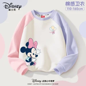 Disney Spring Baby Girls Patchwork Clothes Children Marie Cat Minnie Printed Sweatshirts Long Sleeve Pullover Top Outfits