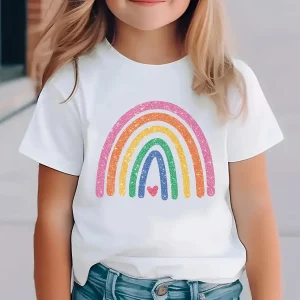 Summer Baby Girl White Clothes Kid Girls Casual Rainbow Printed T-shirts Children Fashion Crew Neck Short Sleeve Top