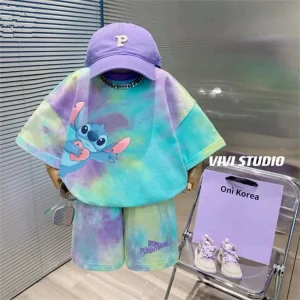 Summer Baby Boy Clothes Set Kid Girls Disney Stitch Printed T-shirts and Shorts 2PCS Suit Children Tie Dye Short Sleeve Outfits