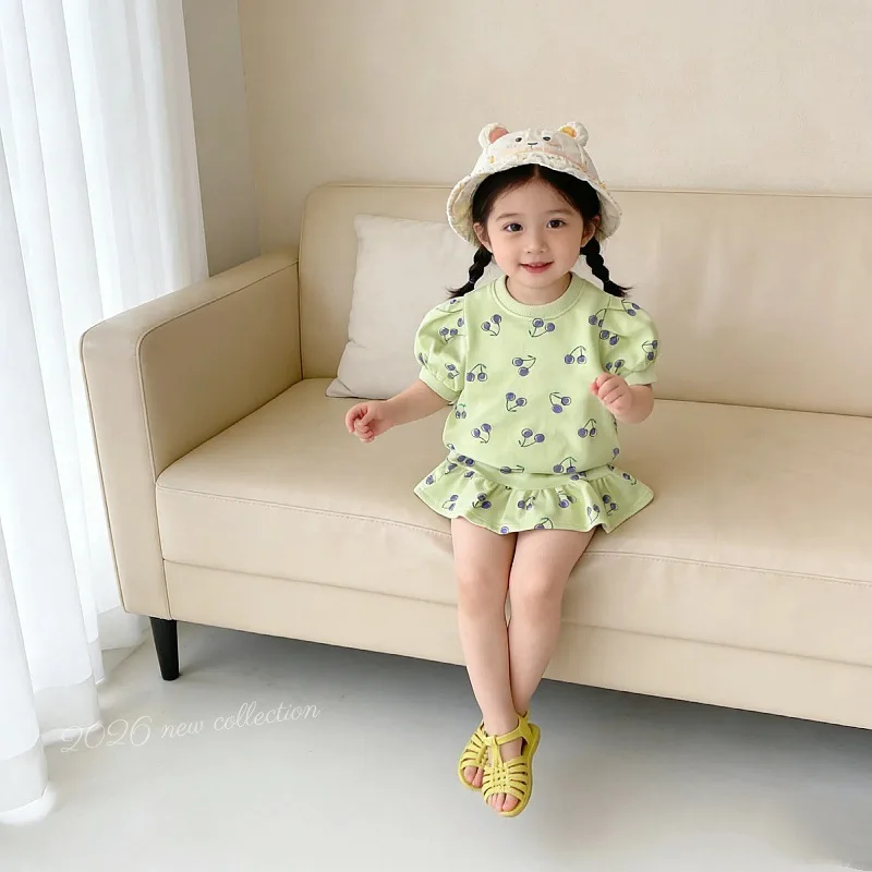 Children Girls' Summer Clothes Set 1-8Y, Cute Cherry Print T-shirt & Ruffle Hem Skirt, Casual 2pcs Set Toddlers Kid Daily Wear - Image 3