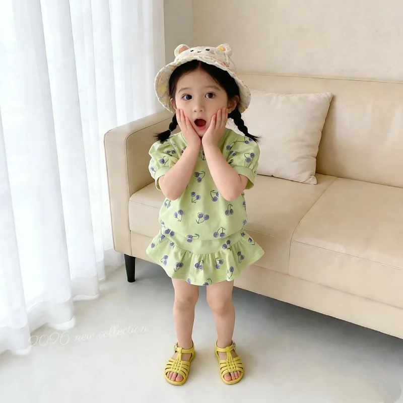 Children Girls' Summer Clothes Set 1-8Y, Cute Cherry Print T-shirt & Ruffle Hem Skirt, Casual 2pcs Set Toddlers Kid Daily Wear - Image 4