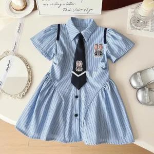 1-12Y Children Girls Preppy Dress Zootopia 2 Judy Rabbit Embroidery Striped Shirt Dress with Necktie kid Cotton Soft Clothes