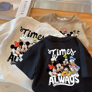 Disney Summer Cotton Clothes Children Boy Mickey Printed Short Sleeve T-shirts Kid Girls Cartoon Crew Neck Breathable Soft Top
