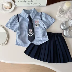 Zootopia Judy Summer Outfit Set for Girls 2026 Toddler Baby Short Sleeve Striped Shirt Pleated Skirt 2pcs Casual Kids Dress Suit
