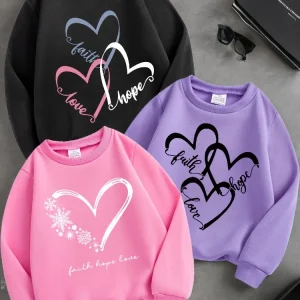 3-piece Set Spring Baby Girls Sweet Sweatshirts Kid Heart Printed Pullover Children Purple Black Pink Long Sleeve T-shirts Top
