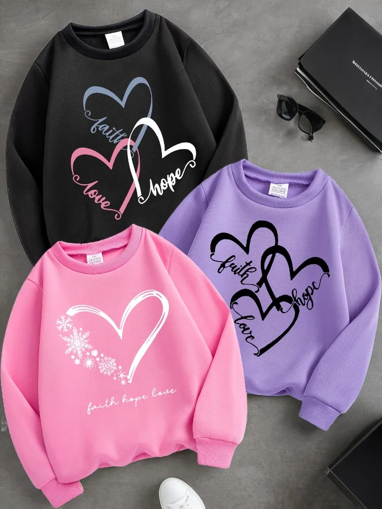 3-piece Set Spring Baby Girls Sweet Sweatshirts Kid Heart Printed Pullover Children Purple Black Pink Long Sleeve T-shirts Top