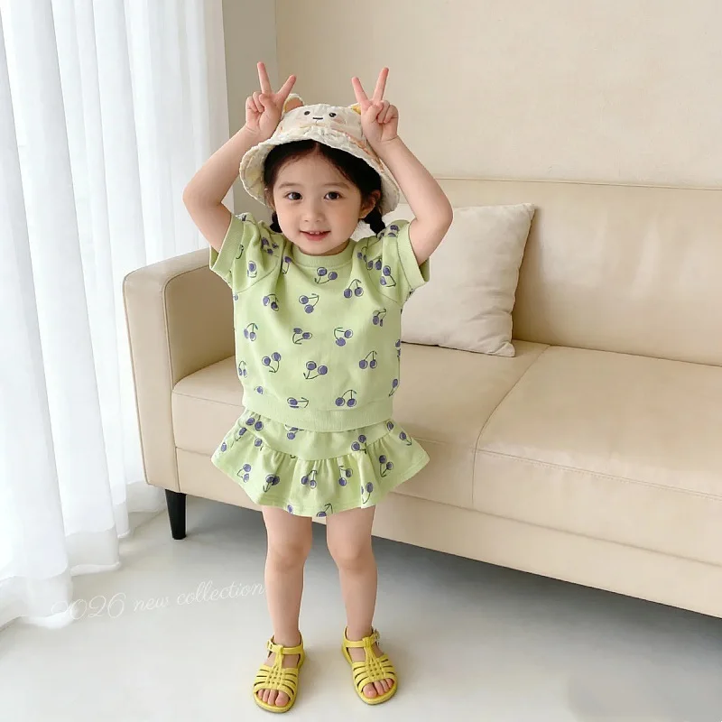Children Girls' Summer Clothes Set 1-8Y, Cute Cherry Print T-shirt & Ruffle Hem Skirt, Casual 2pcs Set Toddlers Kid Daily Wear - Image 2