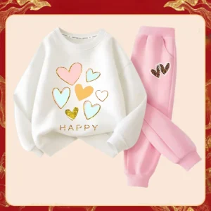 Spring Children Clothes Set Kid Girls Sweet Sweatshirts Pullover Top And Pants 2 Pieces Suit Heart Print Long Sleeve Tracksuits