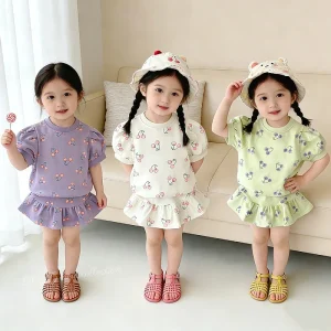 Children Girls' Summer Clothes Set 1-8Y, Cute Cherry Print T-shirt & Ruffle Hem Skirt, Casual 2pcs Set Toddlers Kid Daily Wear